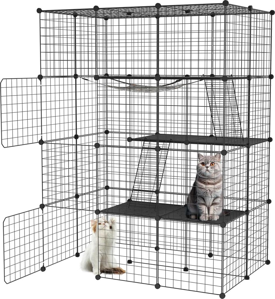 Sessamen-LP Freigehege Gittergehege Kaninchen Metallgitter Gehege mit Tür Meerschweinchen Käfig, Schwarz, 146x110x74 cm(4 Spalten x 3 Schichten)