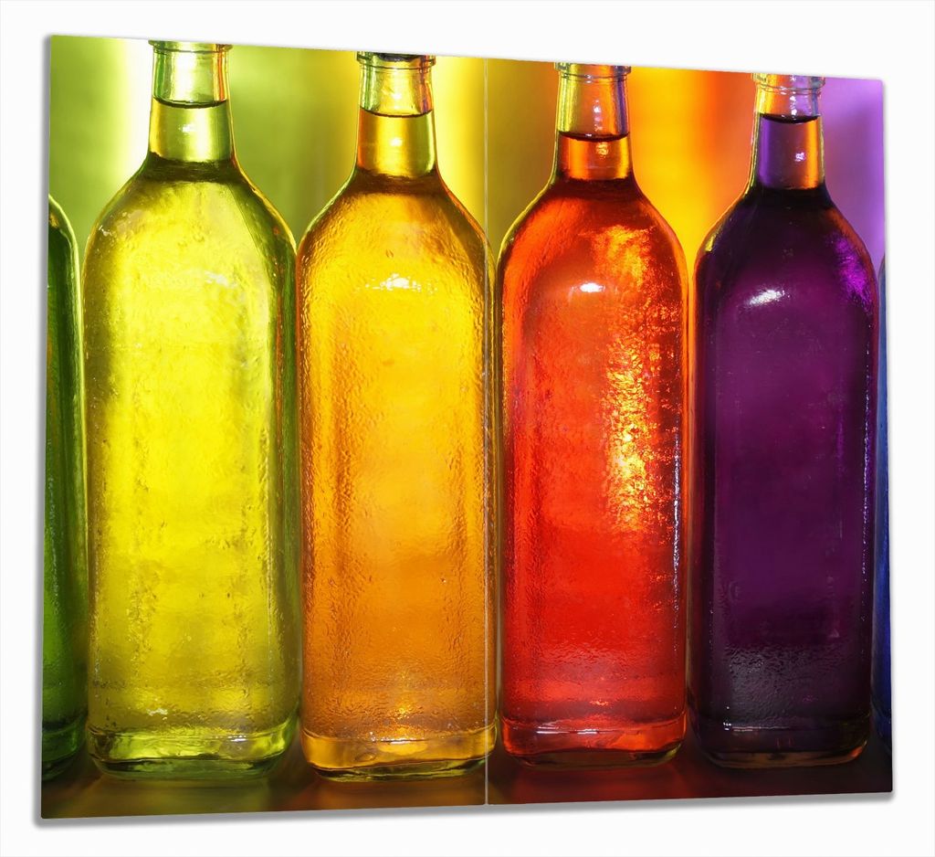 Wallario Herdabdeckplatte aus Glas, Größe 60 x 52 cm 2-teilig, Motiv Blau-lila Flaschen