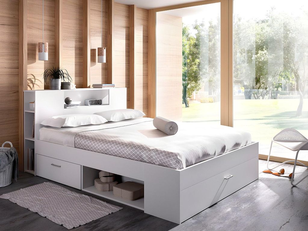 Bett mit Kommode und Schubladen - 160 x 200 cm - Farbe: weiß + Rahmen - LEANDRE