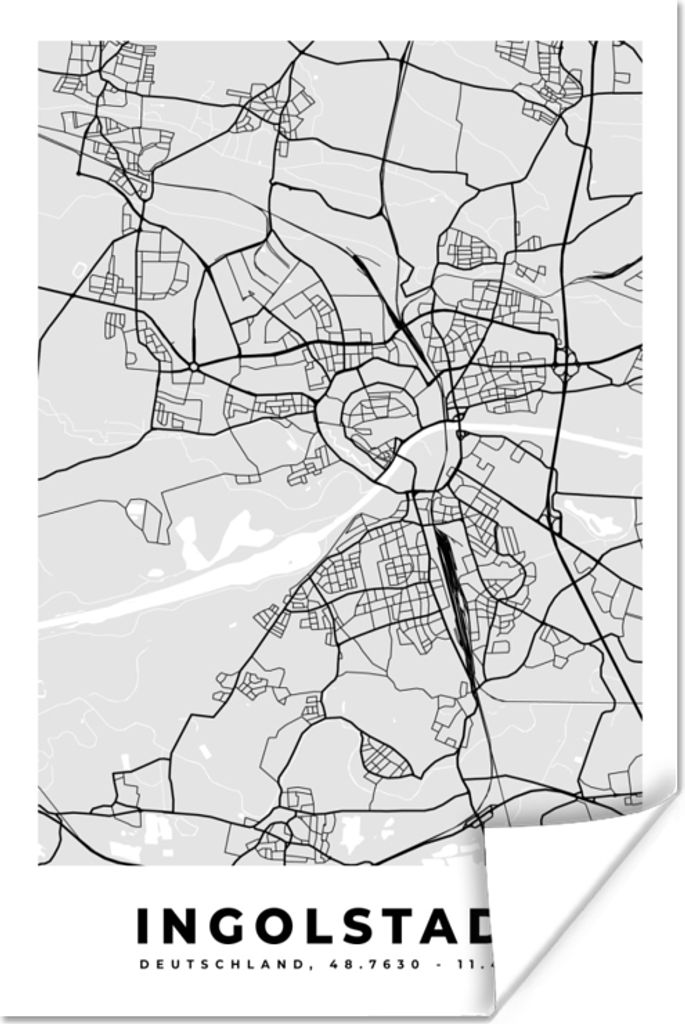 MuchoWow Poster Karte - Ingolstadt - Deutschland - Stadtplan - Karte 60x90 cm - Wanddekoration