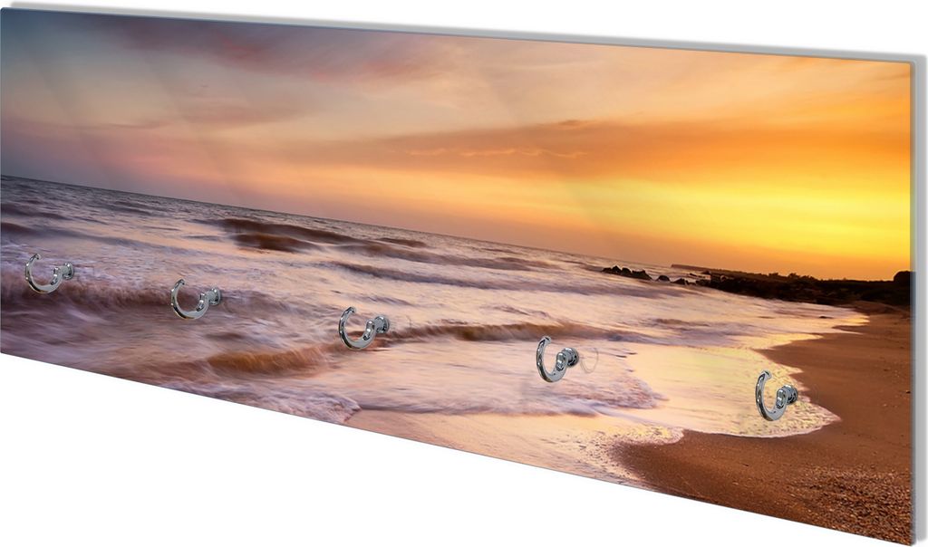 Wallario Flurgarderobe Wandgarderobe aus Glas, mit 5 Haken, Größe 80 x 30 cm, Motiv Sonnenuntergang am Strand - Abendspaziergang
