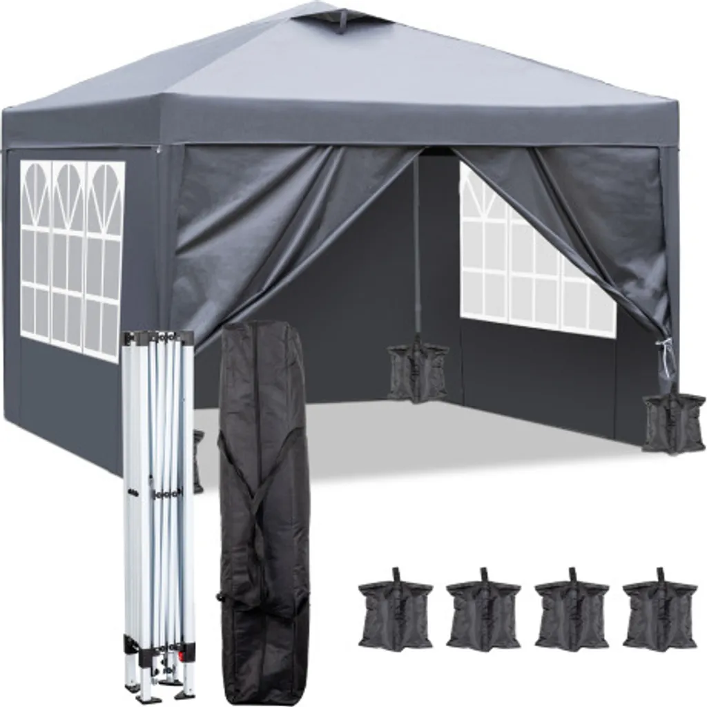 Pavillon pliable 3x3m anti-pluie et vent avec 4 sacs de sable Gris