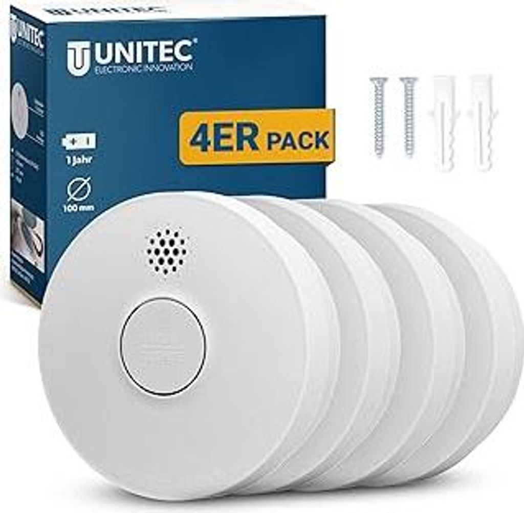 UNITEC Rauchwarnmelder , Rauchmelder, DIN EN 14604 , Produktlebensdauer 10 Jahre, Alarm 85 dB, akustische und optische Anzeige, manuelle und automa...