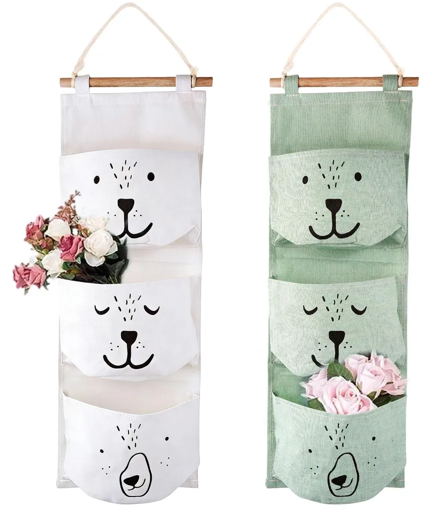 Lot de 2 Pochettes de Rangement Suspendues en Tissu Blanc et Vert Pur