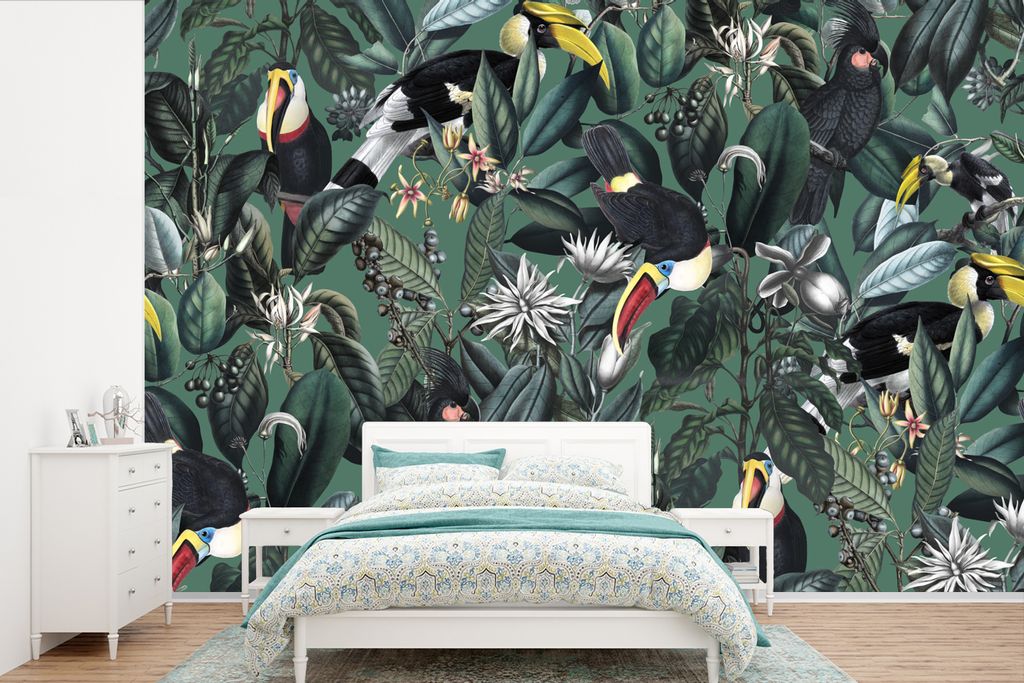MuchoWow Fototapete für Wohnzimmer oder Schlafzimmer Wandtapete Vinyl Motivtapete Blumen - Vogel - Blätter - 420x280 cm - Zimmer für Kinder