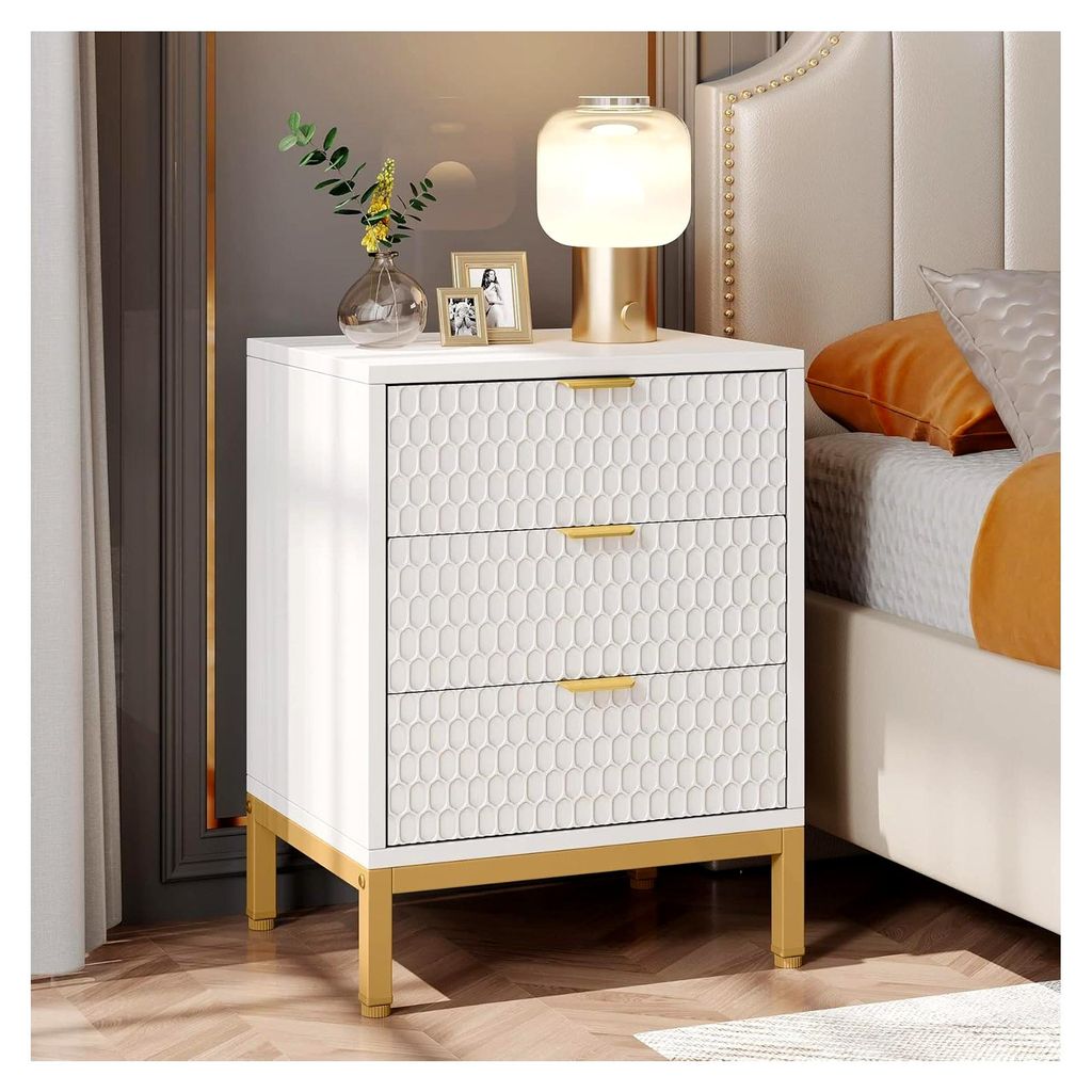 Moderner Nachttisch, 65,5 cm hoch, mit 3 Schubladen, Beistelltisch mit Stauraum für das Schlafzimmer, Weiß und Gold