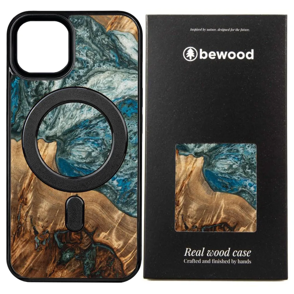 Cover MagSafe iPhone 13 Pro Legno e Resina Bewood Unique Blu-Verde