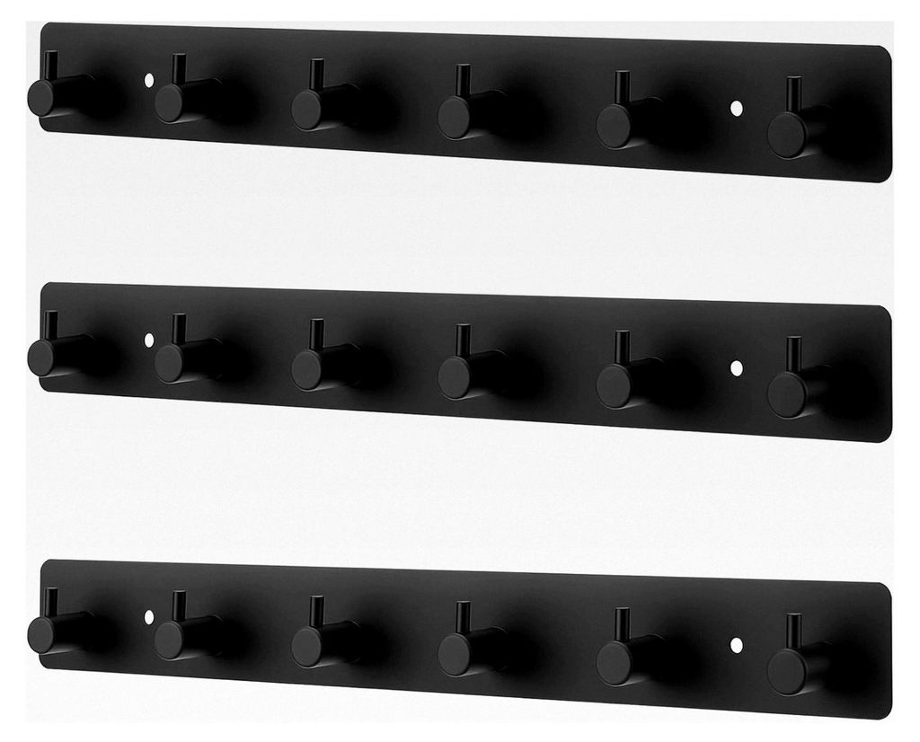 3 Stück schwarze Garderobenhaken aus Edelstahl, selbstklebende Wandhaken, Garderobenleiste mit 6 Haken und Schrauben für Badezimmer, Wohnzimmer, ...