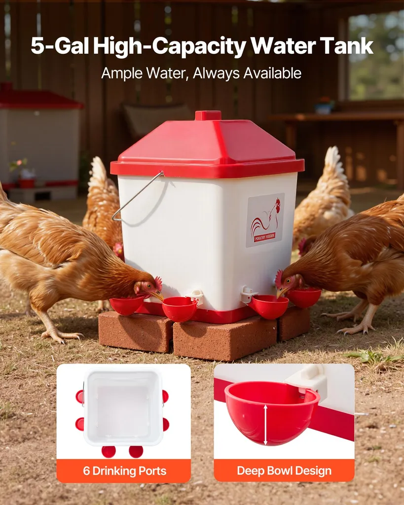 SucceBuy abbeveratoio per polli 19 L, abbeveratoio automatico per pollame con 6 ciotole per l'acqua, distributore d'acqua, sistema a gravità con maniglia e anello di tenuta, materiale robusto in PP, design a prova di perdite, adatto ai polli - 3
