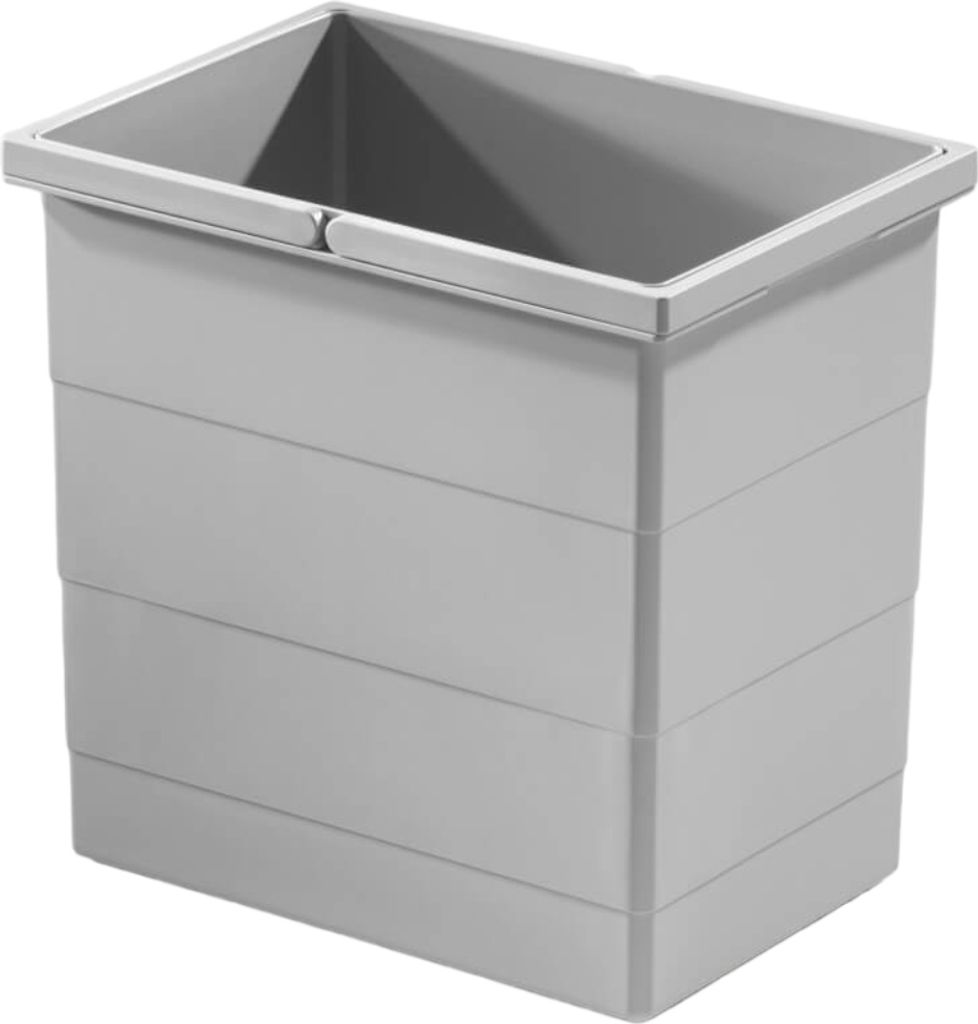 A light gray plastic bin with horizontal ridges on its sides and two handles on the top rim.
