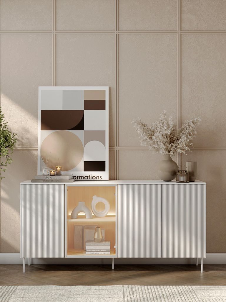 XXL Sideboard / Kommode LIBA LB-03 (195 cm) – Weiß geriffelt & Glas inkl. LED