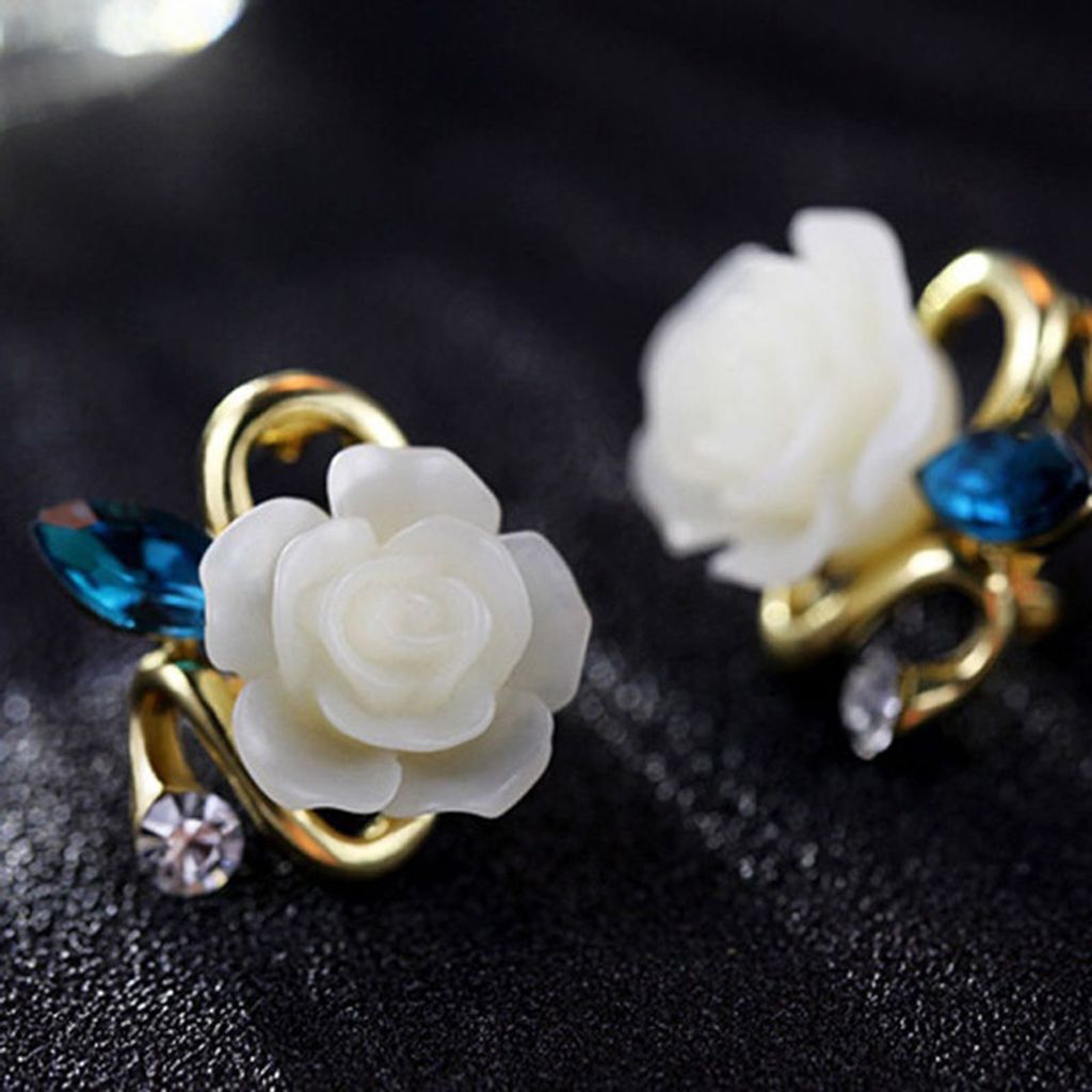 1 Paar elegante Retro-Ohrstecker für Damen mit Strass, Rose und Blumen-Weiß