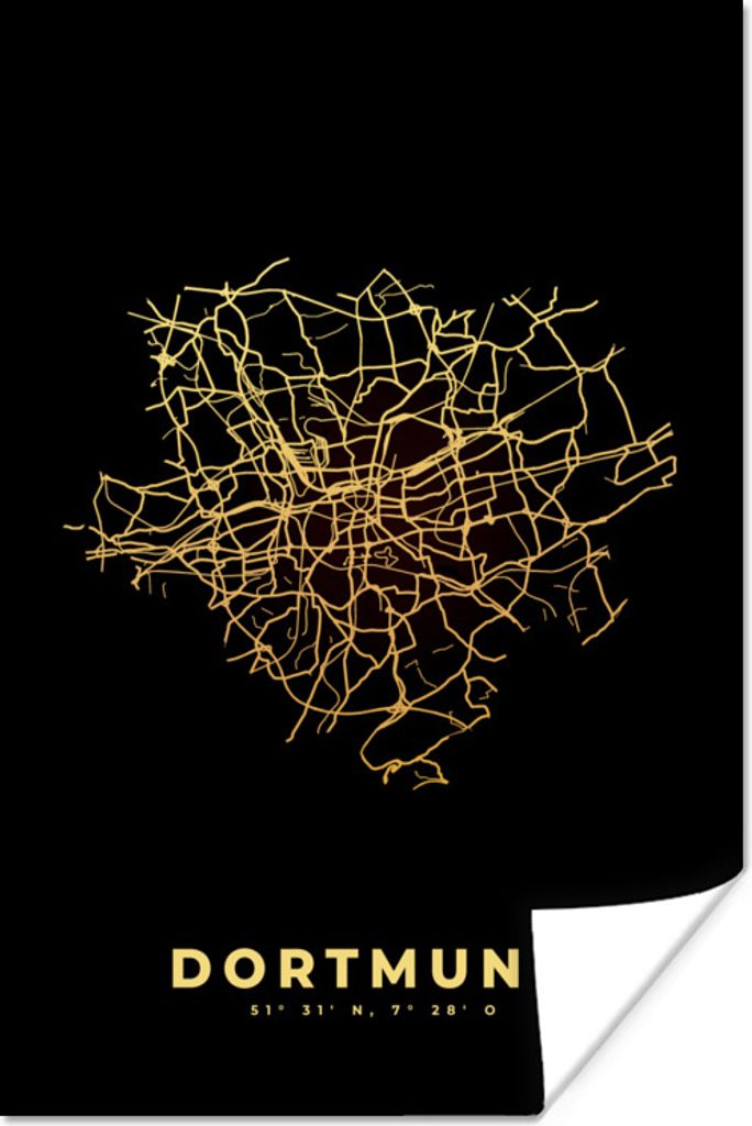 MuchoWow Poster Dortmund - Gold - Karte - Stadtplan 40x60 cm - Plakate für die Wand - Poster Babyzimmer
