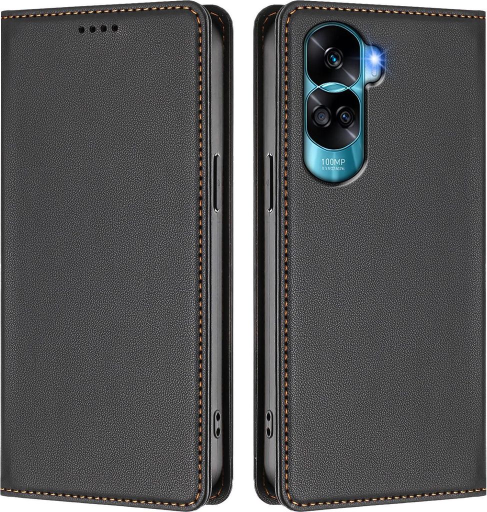 Handyhülle für Honor 90 Lite, Kunstleder Klapphülle Stoßfeste Magnetische Hülle mit Ständer Schwarz