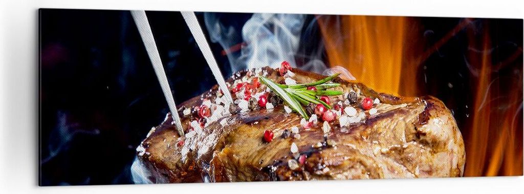 Bild auf Leinwand - Leinwandbild - Steak Grill Flammen Essen - 160x50cm - Wand Bild - Wanddeko - Leinwanddruck - Bilder - Kunstdruck - Wanddekorati...
