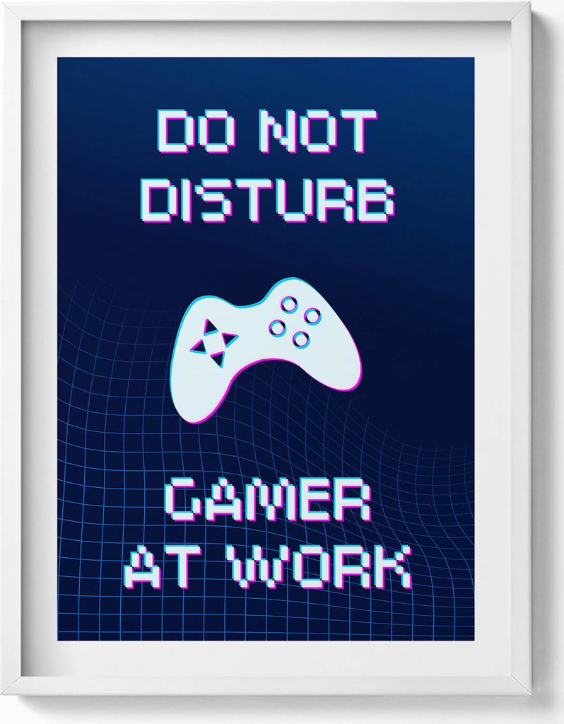 Gamer-Aufschrift „Gamer bei der Arbeit nicht stören“– Wandbild mit Rahmen – Gerahmtes Bild – Wanddekoration – 60x80 cm – Weiß Rahmen