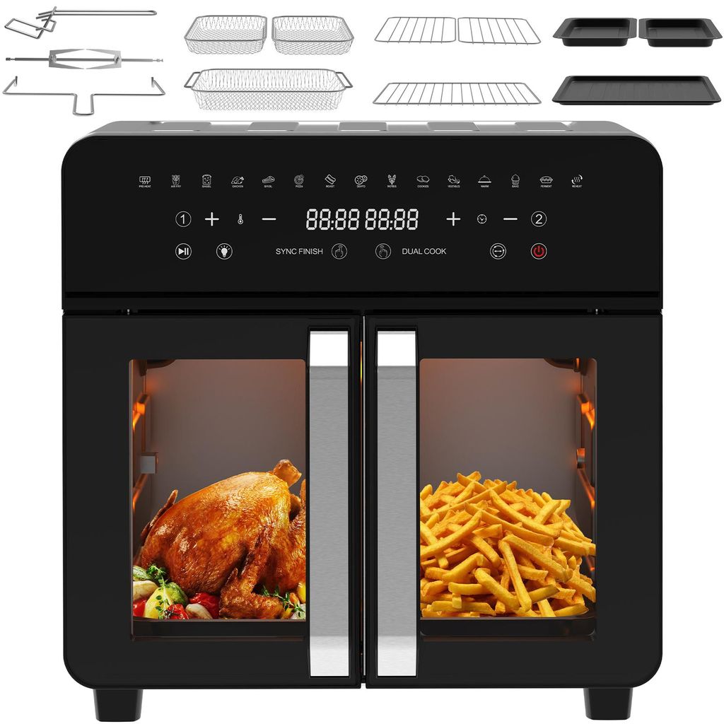 A collage of an air fryer and its accessories, with the air fryer interior showing cooked food.