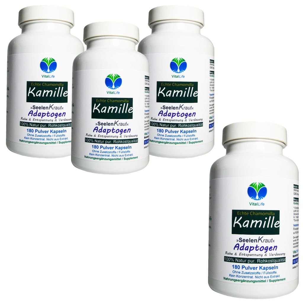Kamille Kamillenblüten 720 (4x180) Kapseln MAGEN - DARM - VERDAUUNG - ENTSPANNUNG - Natürliches Adaptogen - 100% NATUR PUR! OHNE ZUSATZSTOFFE!