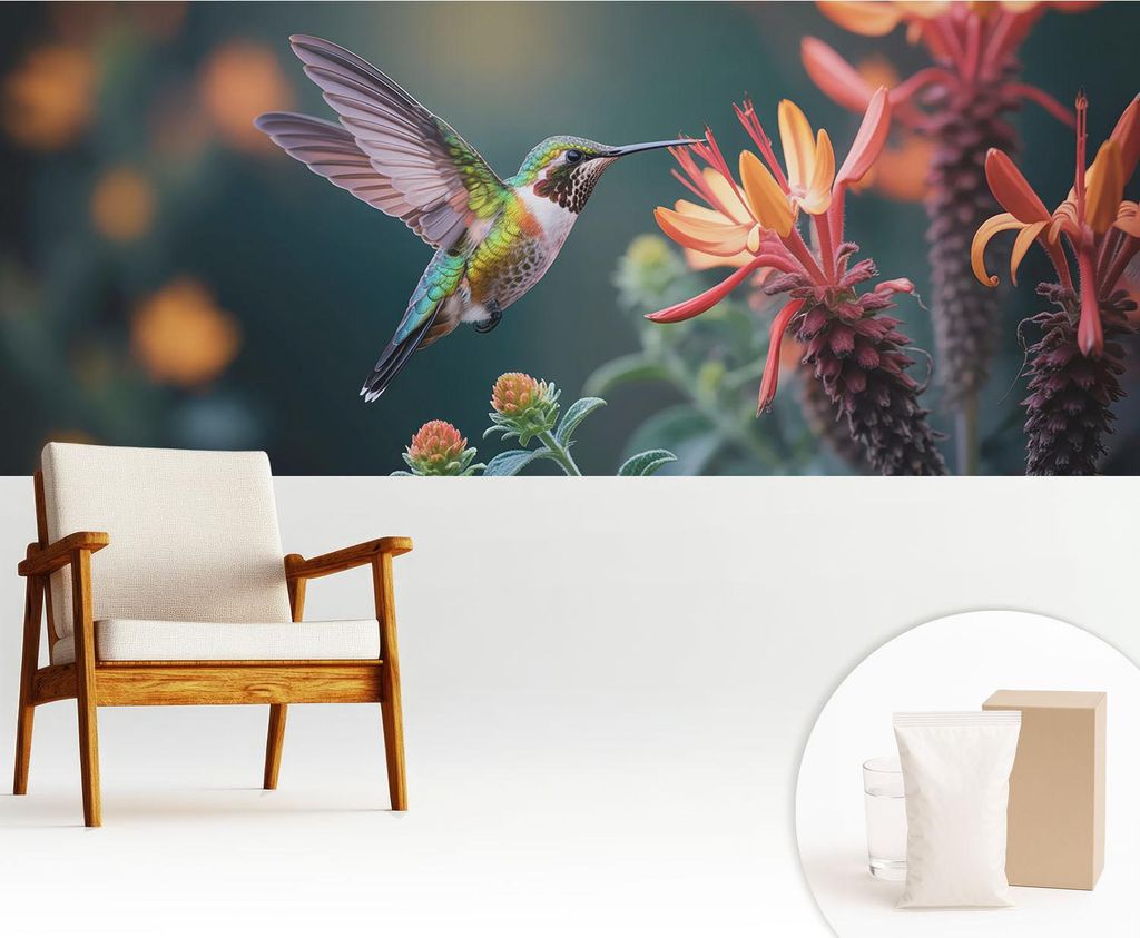 Fototapete - 250x104 cm - Tapete - Wandtapete - Wandbilder - Dekofolie - Tapete Folie - Wand - Dekoration - Wohnzimmer - Kolibri-Blumen