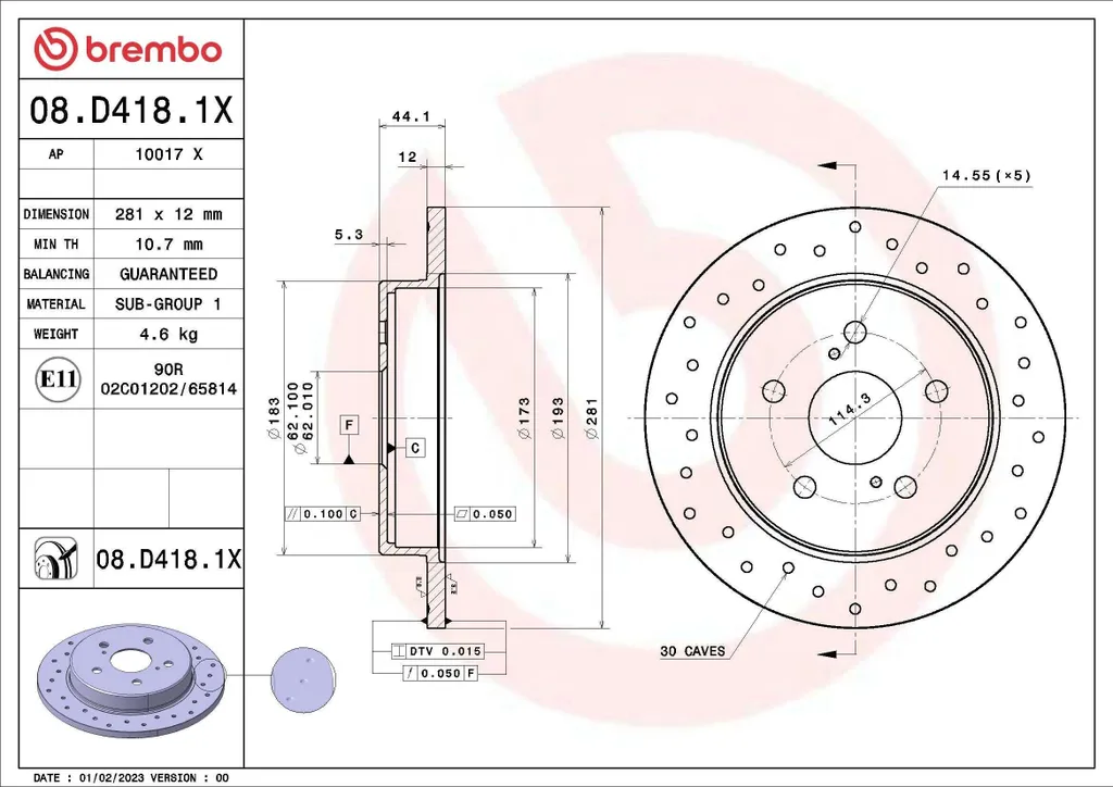 Brembo 08.D418.1X Disque de Frein Xtra pour Camry et Toyota RAV4 V