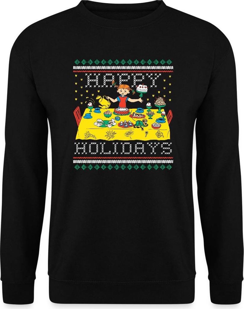 Spreadshirt Pippi Langstrumpf Happy Holidays Ugly Christmas Uni Pullover, L, Schwarz