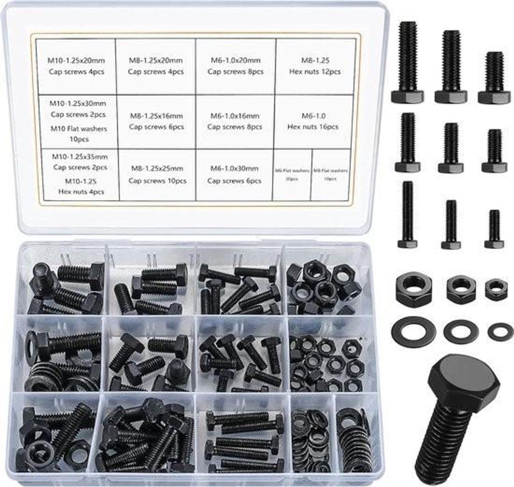 128-teiliges Set aus Flachsechskantschrauben, Muttern und Unterlegscheiben, M6 M8 M10 Sechskantschrauben, Schrauben und Muttern aus Edelstahl, Schr...