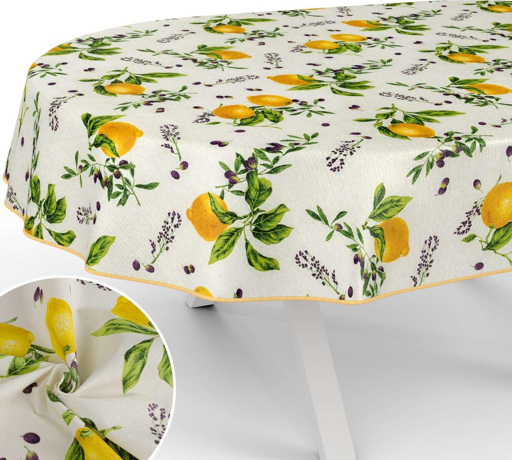 Tischdecke Zitrone mit Tee und Kaffee aus Textil Tischtuch mit Beschichtung Tischwäsche Naturel Beige Oval Breite 140cm Länge 160cm mit Paspelband
