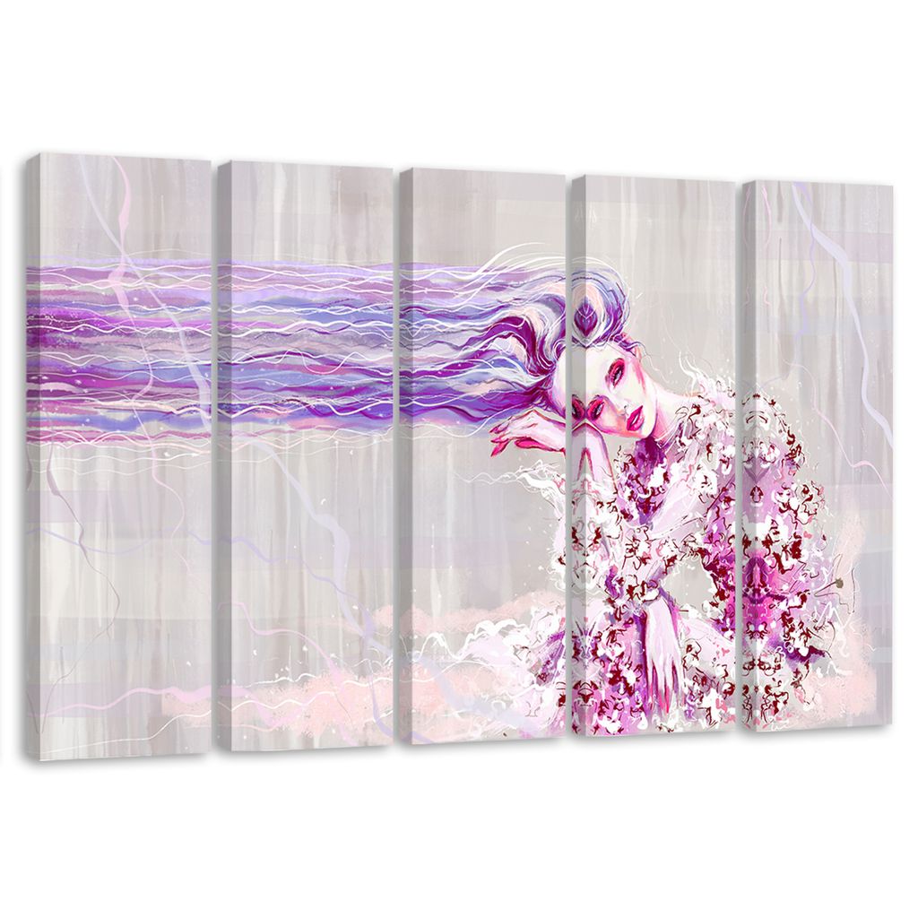 5-teiliges leinwandbild frau mit langen haaren 100x70 cm Feeby blau wandbild bereit zum aufhängen