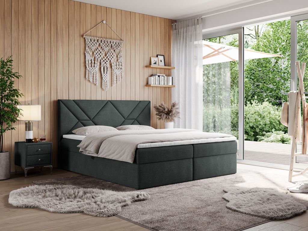 MKS MEBLE Boxspringbett 180x200 mit Matratze H4 und Bettkasten, Doppelbett Bett mit Stauraum und Topper, Polsterbett 180x200 mit Kopfteil - NEOMI -...