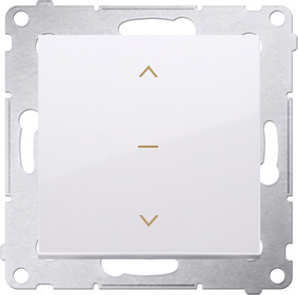A white roller shutter switch with gold symbols for up, stop, and down, mounted on a metal frame.