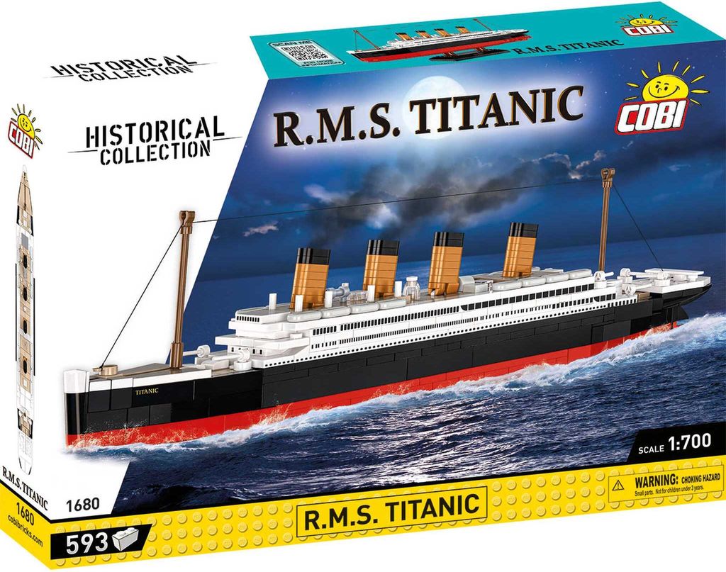 The image shows the packaging of a COBI R.M.S. Titanic building block set.