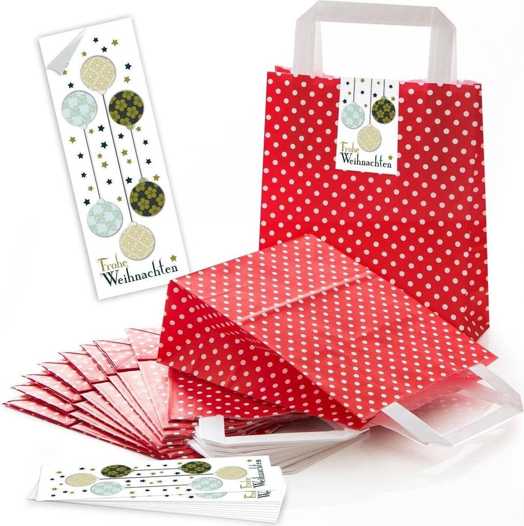 Rot-weiß gepunktete Papiertüten 18 x 8 x 22 cm – Geschenktüten mit Boden & Aufkleber für WeihnachtenWeihnachtskugeln / 50 Stück