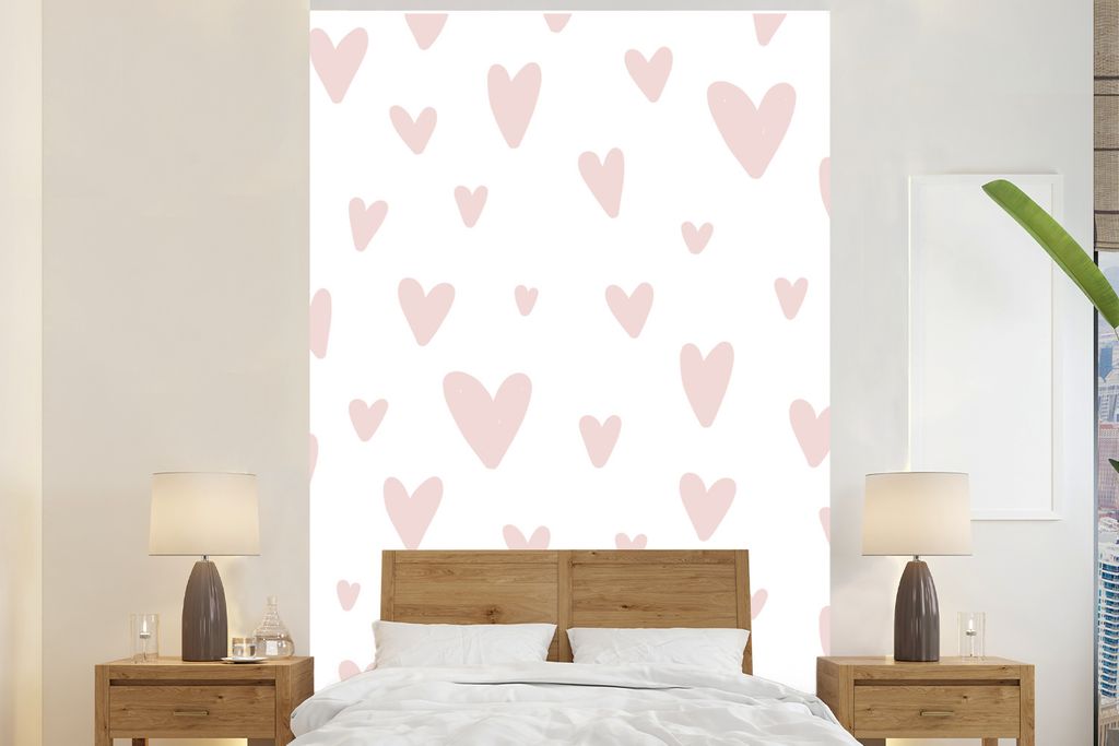 MuchoWow Fototapete für Wohnzimmer oder Schlafzimmer Wandtapete Vinyl Motivtapete Design - Herz - Rosa - Mädchen - Baby - Mädchen - 170x260 cm...