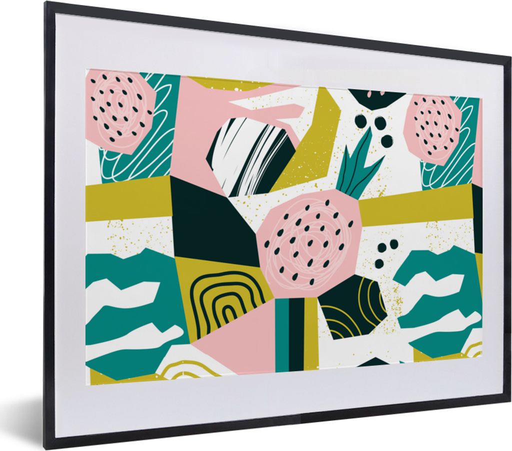 MuchoWow MuchoWow Gerahmtes Poster Erdbeeren - Muster - Rosa 40x30 cm - Poster mit zchwarzem Bilderrahmen - Bilderrahmen - Poster im Rahmen