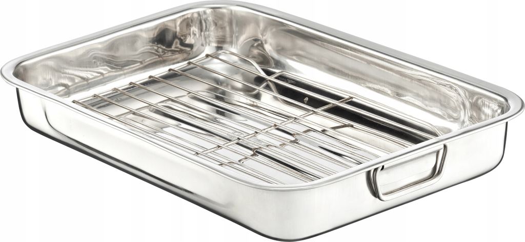 A stainless steel roasting pan with a wire rack inside, shown from a slightly elevated angle against a white background.