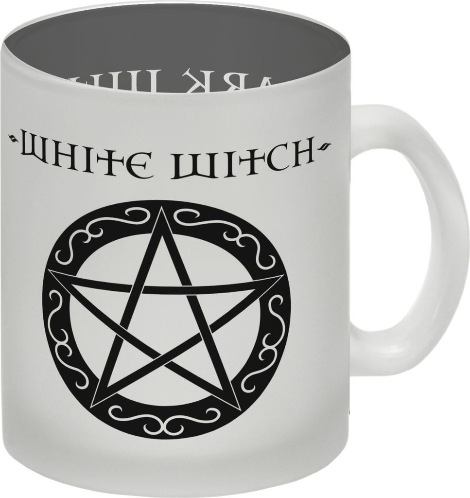 Glas Tasse mit magischen Pentagrammen und Spruch - White Witch - Dark Witch
