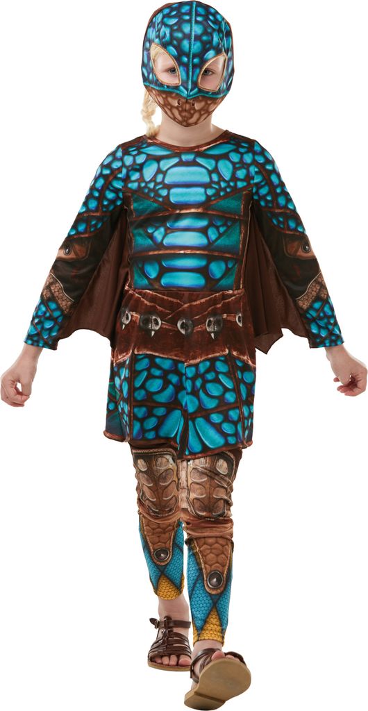 A child wearing a dragon costume.