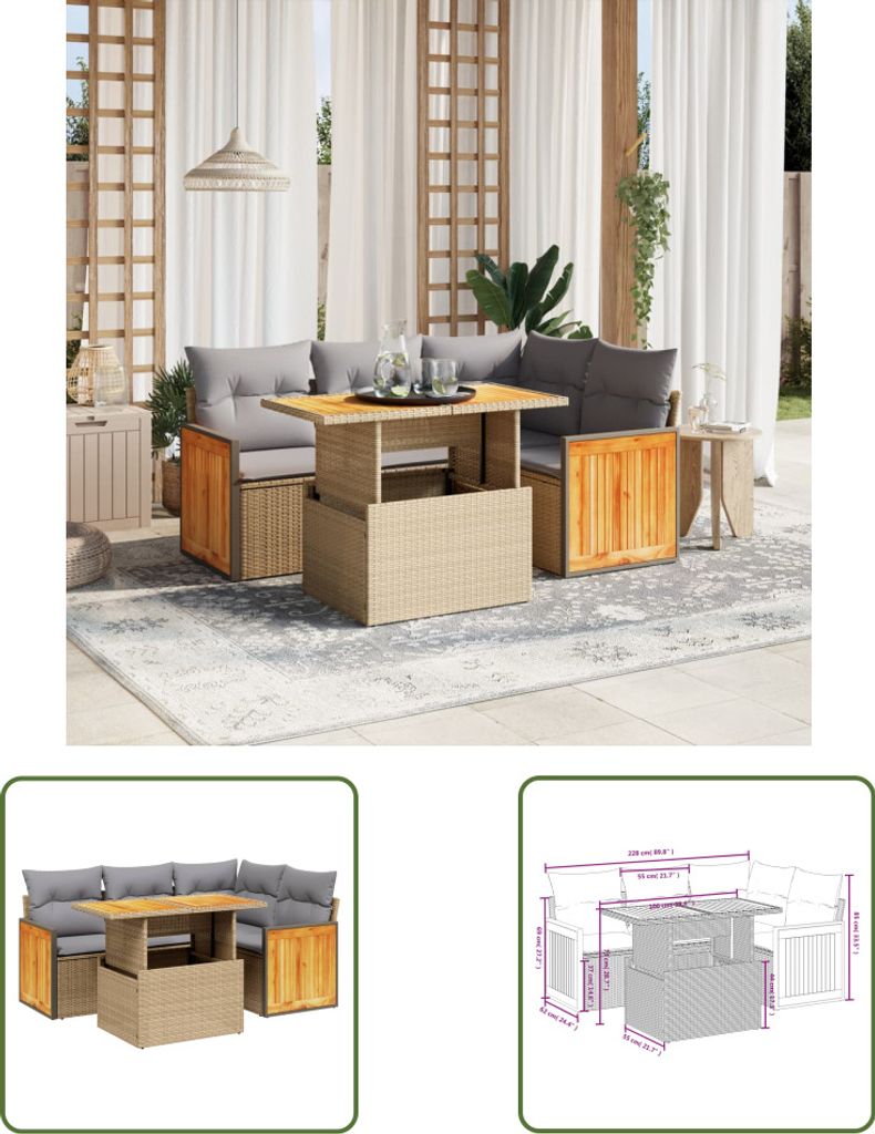 The Living Store 5-tlg. Garten-Sofagarnitur mit Kissen Beige Poly Rattan