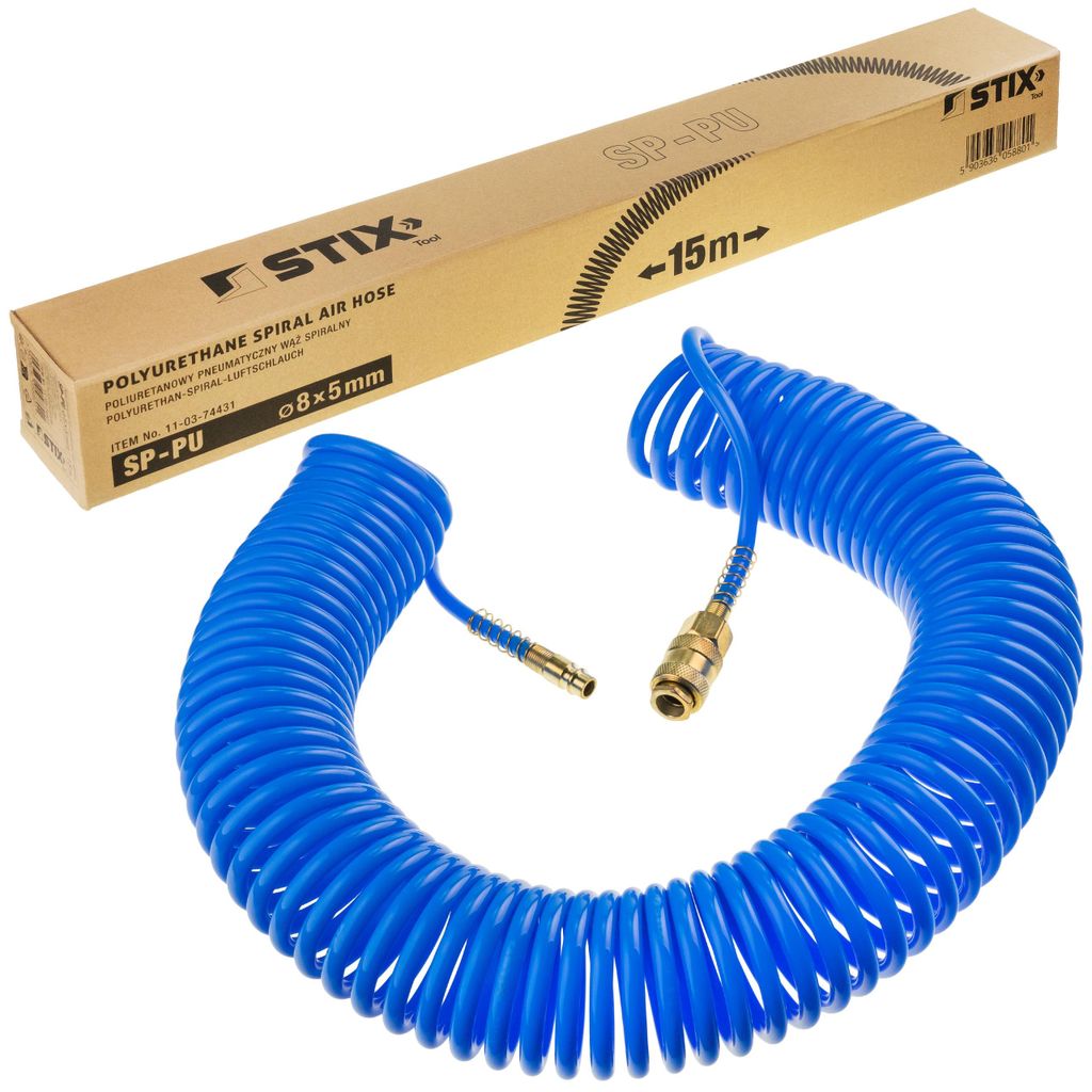 STIX Spiralschlauch Polyurethan8/5 mm 15m Druckluftschlauch 10 bar Blauer Polyurethan