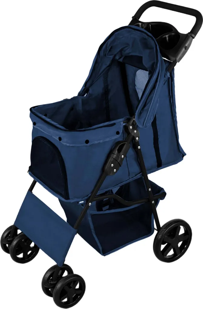 Poussette de transport pliable pour chien bleu marine spécial voyage