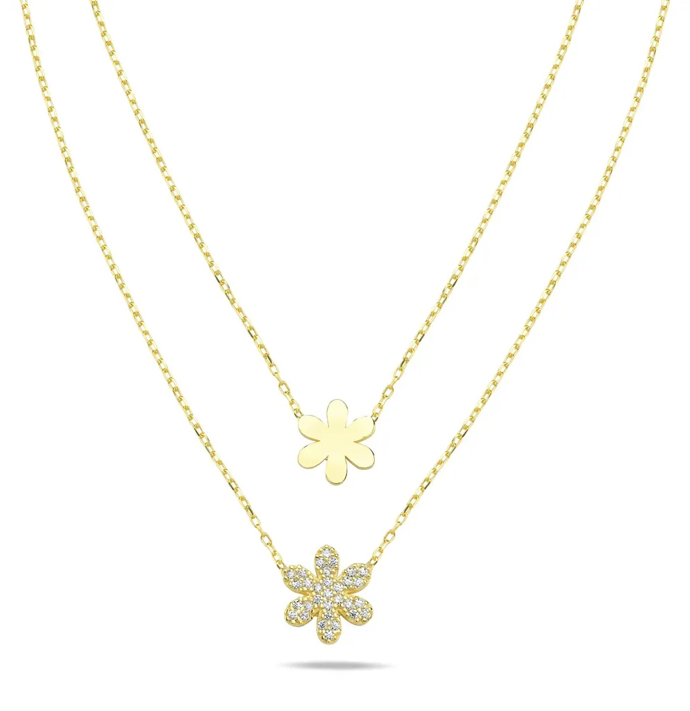 Bijou floral : Collier deux fleurs en argent 925 et zircons pour femme chic