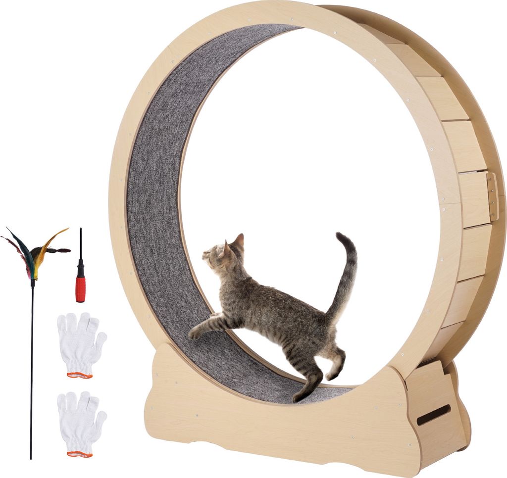SucceBuy Katzen-Laufrad aus Holz, 132 cm großes Katzenlaufband für Hauskatzen, Katzenlaufrad mit abnehmbarem Teppich und Katzenangel zum Laufen/G...