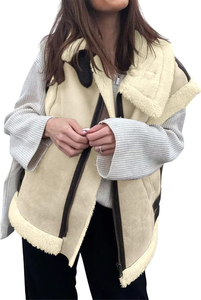 ASKSA Damen Winter aermellose Westen Dicke Warme Fleecejacke Faux Wildleder Sherpa Oversize Weste Jacke Zip Up Wolle Pelz Mantel mit Taschen (Beige,L)