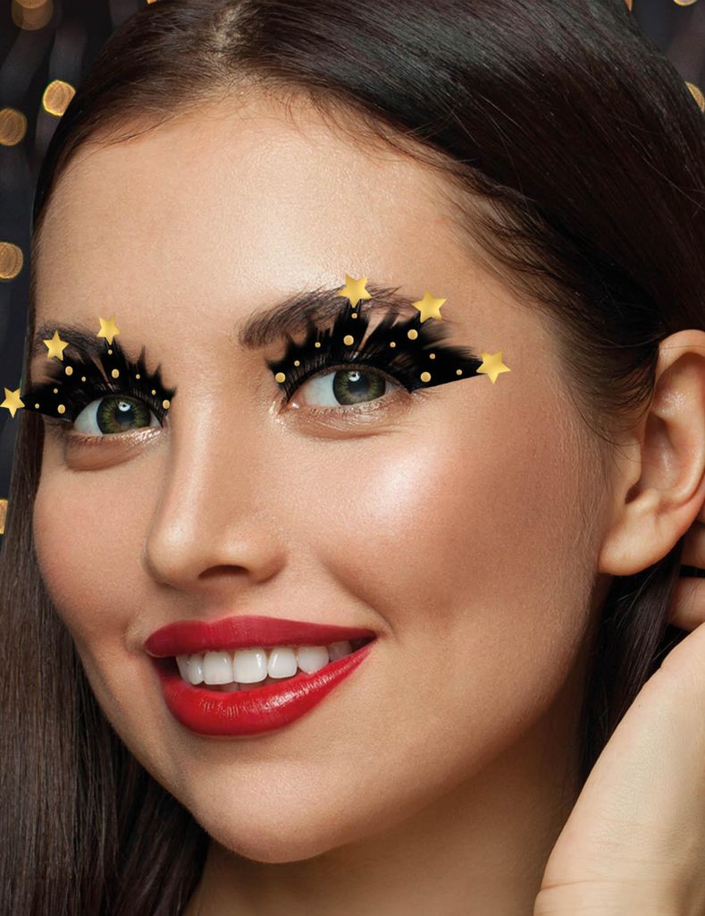 Künstliche Wimpern aufgeklebt Schwarz Gold STERNE Silvester Karneval