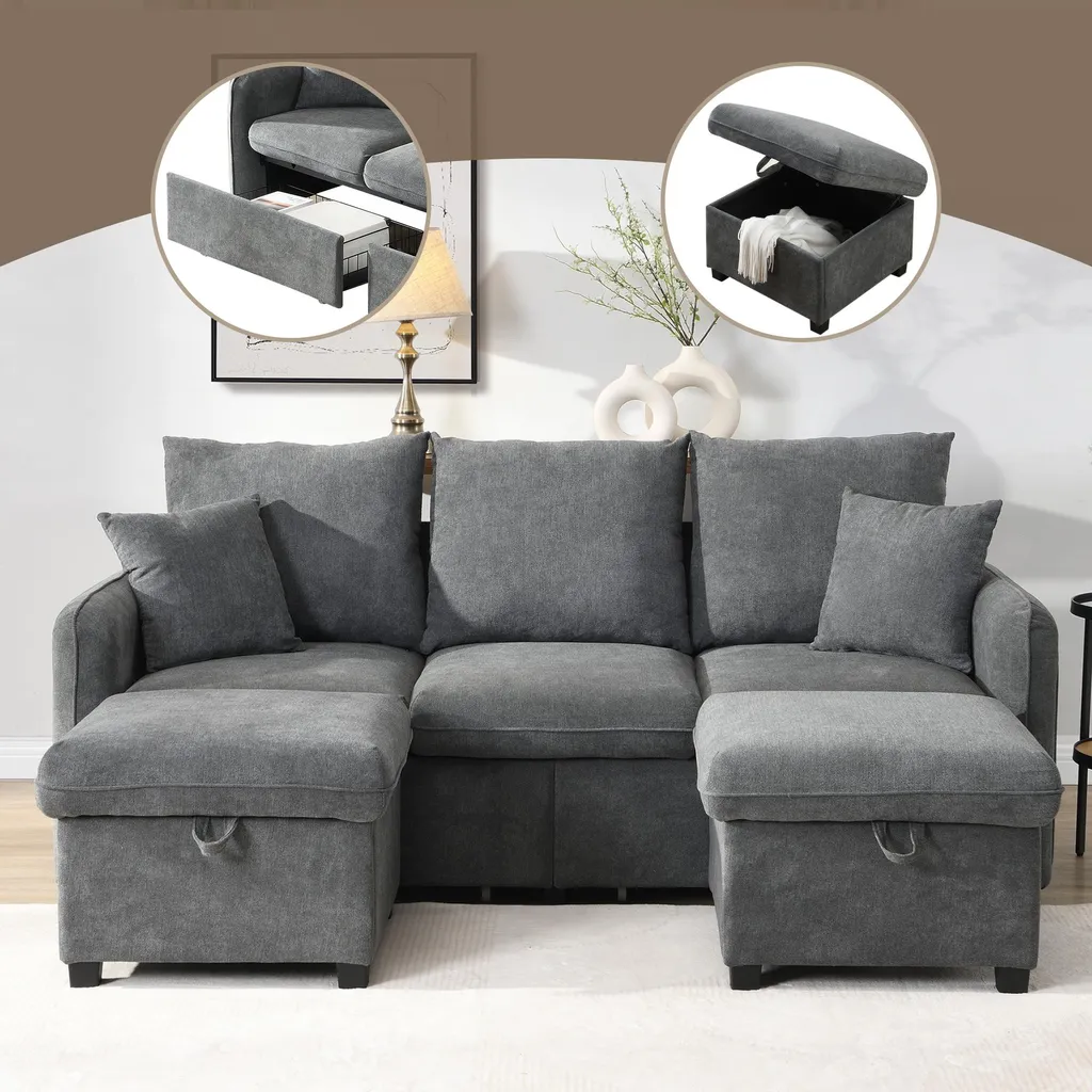 Canapé convertible en chenille avec rangement et pouf modulable Sweiko - 4