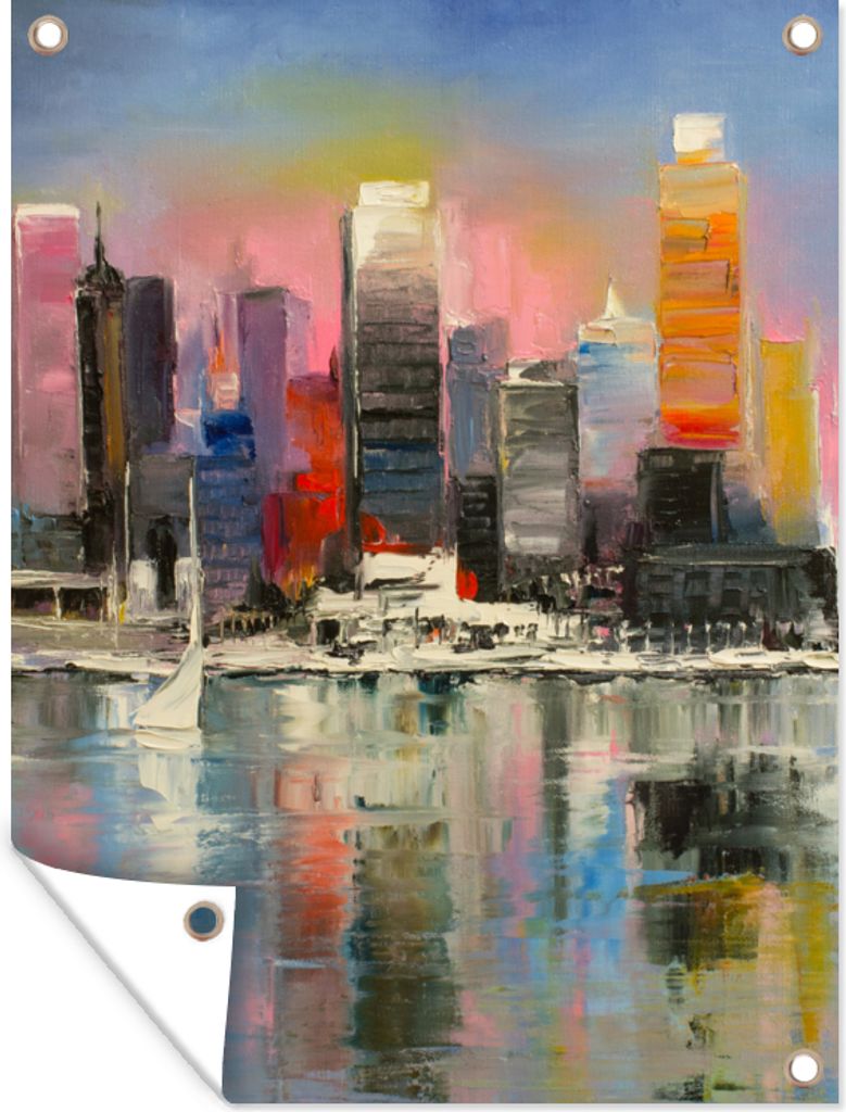 MuchoWow 30x40 cm Outdoor-Poster Gartendeko Sichtschutz Garten Poster für den Garten Gemälde - Öl - Skyline - Wasser