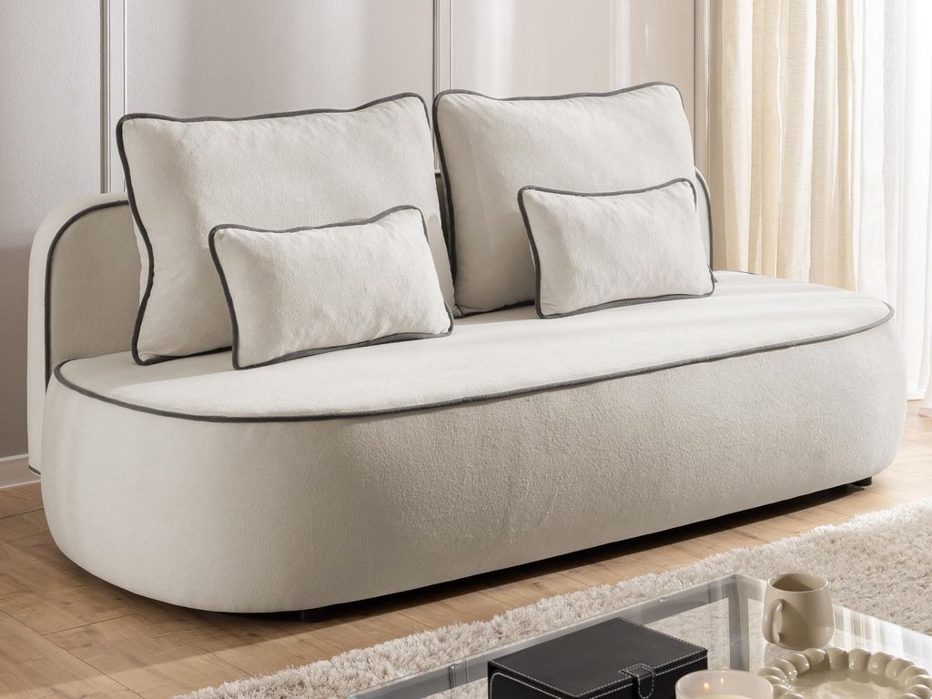 Vero - Modernes und abgerundetes 3-Sitzer-Kindersofa mit Schlaffunktion und Bettkasten aus Hellgrau Plüschstoff mit graphiter Paspel