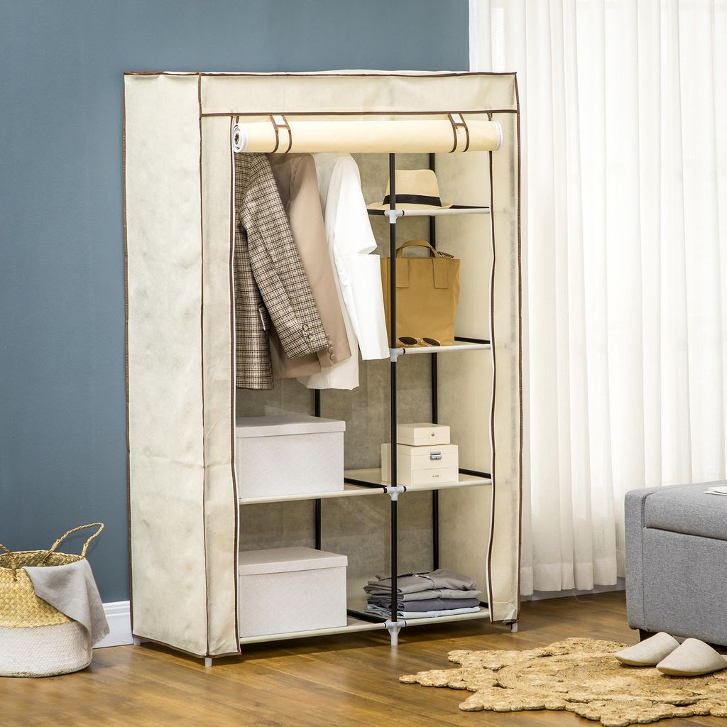 Kleiderschrank Stoffschrank faltbar mit 2 Kleiderstangen & 6 Fächern 103x162,5x43 cm Stoffkleiderschrank Faltbarer Schrank mit Reißverschluss Creme
