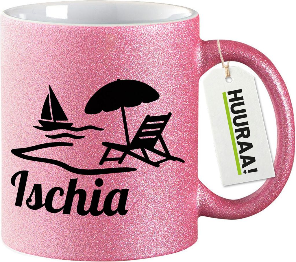 Huuraa Glitzertasse Ischia Inselmotiv Italien 330ml Pink Keramik Kaffeebecher Geschenkidee