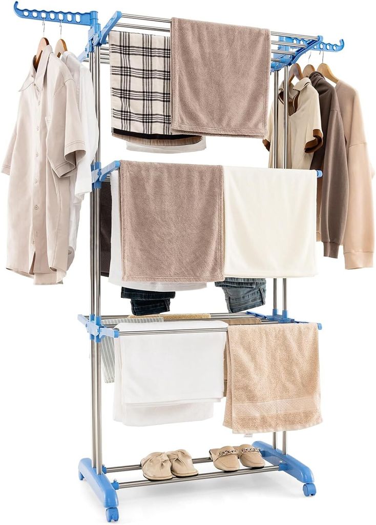 GOPLUS 4-stufiger Wäscheständer, zusammenklappbarer Wäschetrockner mit 2 Kleiderbügelhaltern, 3 ausziehbaren Ablagen, 1 Schuhregal, Standtrockn...